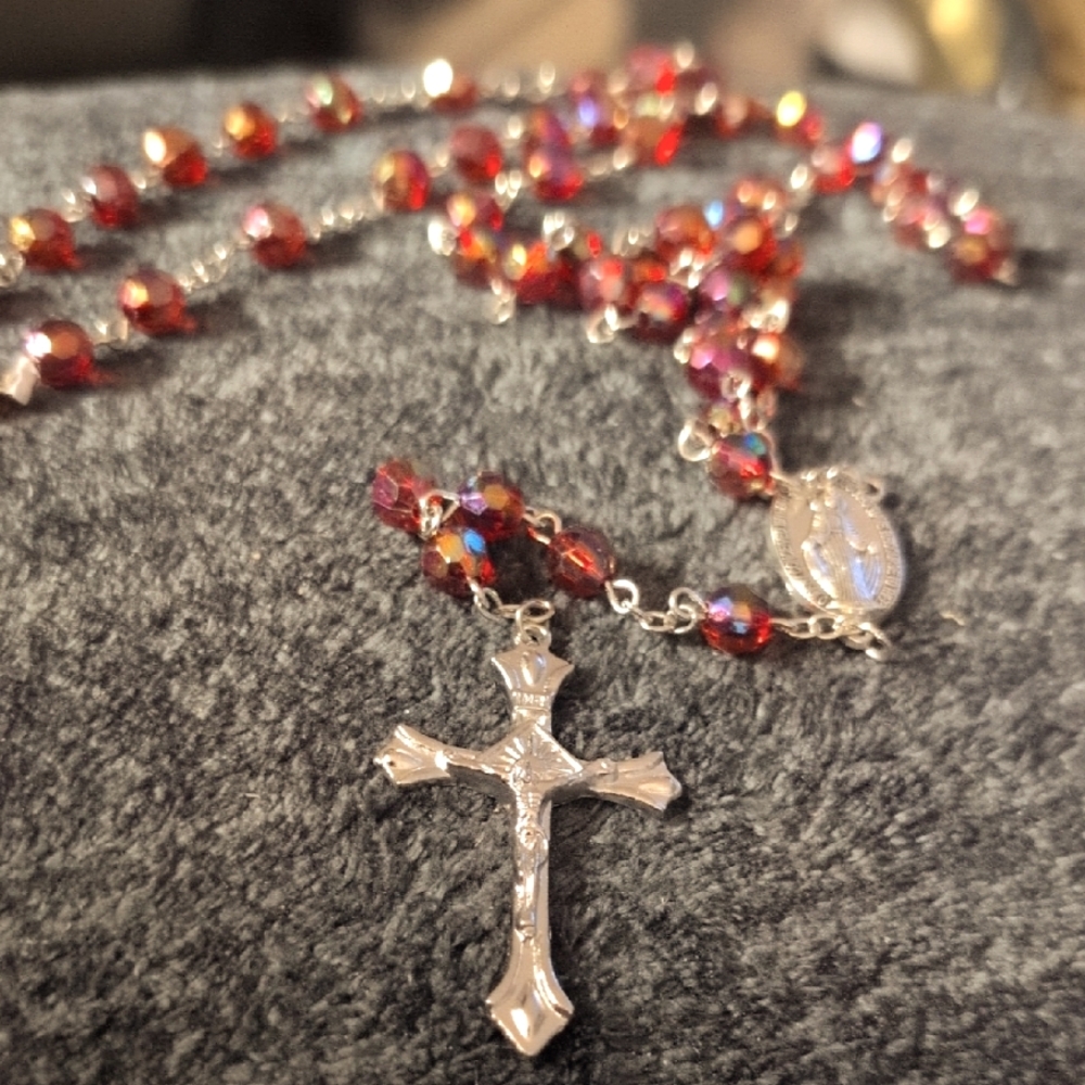 Elegant Silver and Red Beaded Cross Necklace